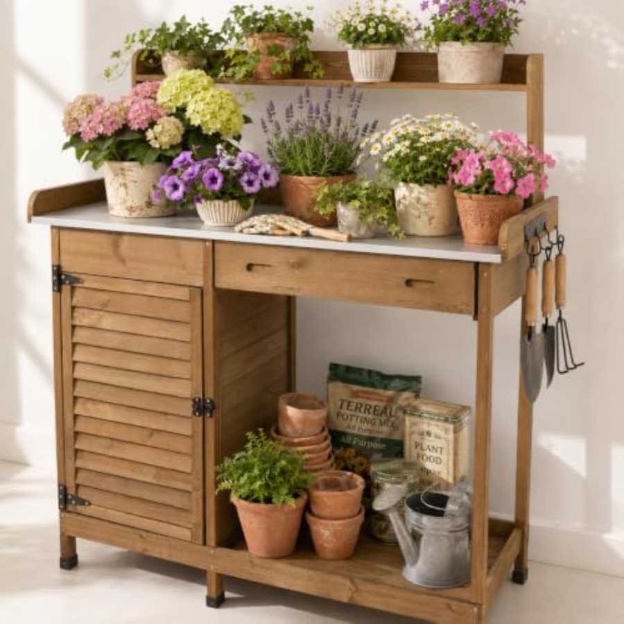 Garden Bench Metal - طاولة عمل خشبية للاستخدام الخارجي مع